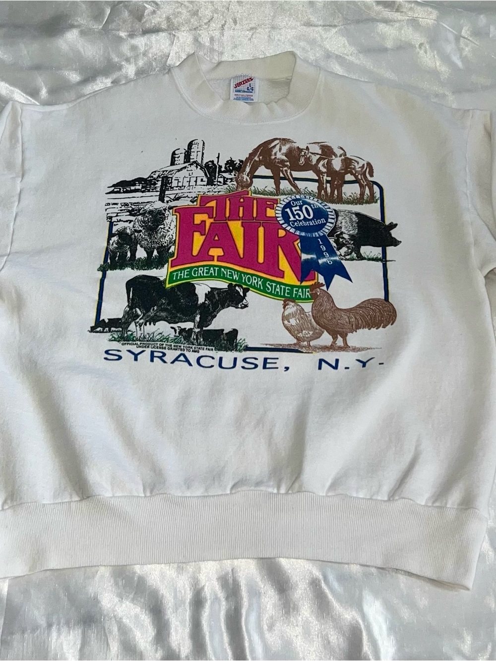 JERZEES Vintage Unisex L White Crewneck Pullover Fleece Syracuse NY Fair